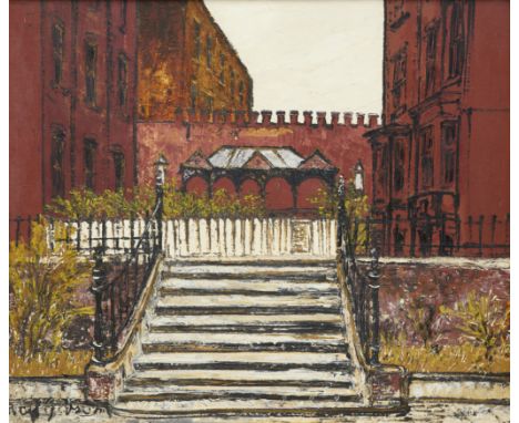 No&euml;l Gibson,&nbsp;British 1928-2005 -&nbsp;London, Behind Shoreditch Church;&nbsp;oil on board, signed lower left 'Noel 