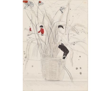 Patrick Procktor RA RE RWS,  British 1936-2003 -   Plant and horse-riders;   ink and pencil on paper, 25.8 x 18 cm (ARR)   Pr