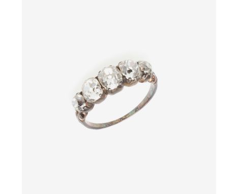 mounted with five graduated cushion-shaped old-cut diamonds, in silver and gold, 2.7 grams. Size M 1/2. *CR Some chip to one 