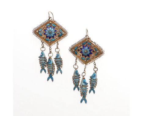 each earring formed with a section of filigree silver gilt mounted with blue enamel decoration and suspending three fish drop