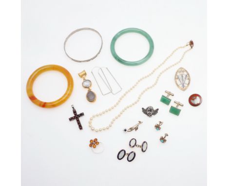including a pair of cultured pearl and turquoise earrings, a gold and gem set flower brooch, a pair of enamel and silver gilt