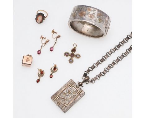 including a pair of garnet and seed pearl drop earrings, a Georgian garnet and gold cruciform pendant, a gold and silver Maso