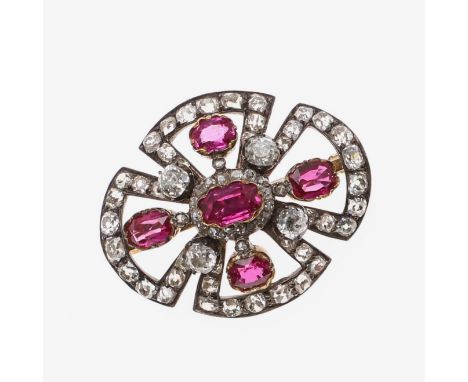 mounted with oval-shaped rubies and overall with graduated old cushion-shaped diamonds, in silver and gold, with detachable b