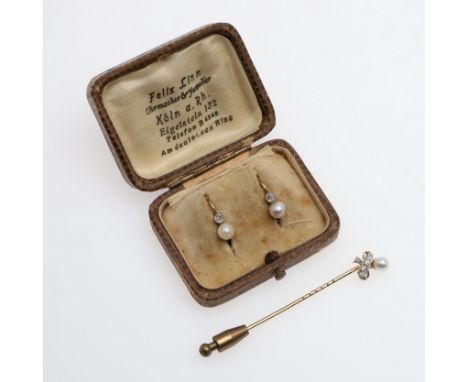 each earring set with an untested pearl suspended from a collet set circular-cut diamond, in gold, 1.0cm long, together with 
