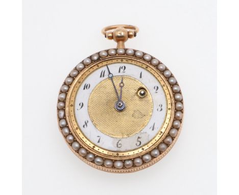 the gold and white enamel dial with Arabic numerals and pearls set to the bezel, light purple guilloche enamel decoration to 