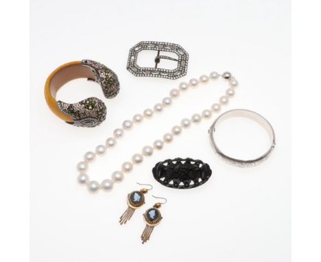 including a a single row cultured freshwater pearl necklace, with magnetic clasp, 44cm long, a silver half hinged bangle, wit
