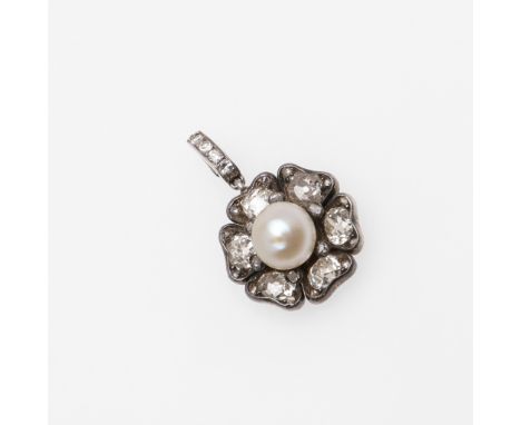 of flowerhead design, the untested pearl is set within a surround of six cushion-shaped diamonds and rose-cut diamonds, in si