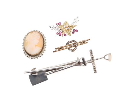 including a ruby, cultured pearl and two colour gold foliate spray brooch, 4cm long, 6.6 grams, a Victorian 15ct gold, pearl 