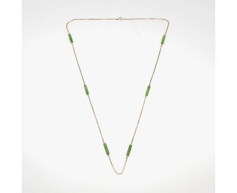 formed with six batons of jade on a gold square link chain, 80cm long, 15.5 grams. *CR with some wear, but no obvious damage 