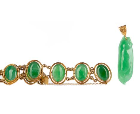 JADE PENDANT AND BRACELET,the pendant of carved elongated form, along with a jade bracelet set with oval cabochon jade stones