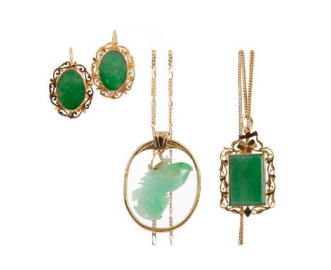 TWO JADE PENDANTS AND A PAIR OF EARRINGS,the openwork pendant on an eighteen carat gold chain, along with another, with forei