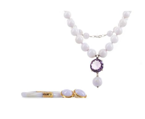 LAVENDER JADE NECKLACE, BANGLE AND PAIR OF EARRINGS,the earrings for non pierced ears, marked 750, the bangle marked 14K, alo