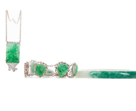 JADE AND DIAMOND PENDANT,the carved section of jade to a diamond set mount, unmarked, along with a jade bangle and a white me