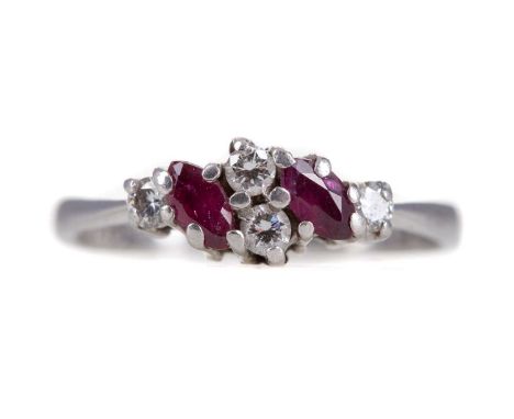 RUBY AND DIAMOND RING,set with two marquise shaped rubies and round brilliant cut diamonds totalling approximately 0.20 carat