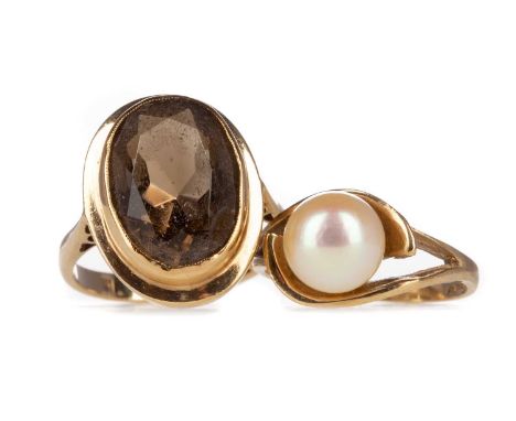 FAUX PEARL RING,in nine carat gold, size I 1/2, along with a nine carat gold smoky quartz ring, size K, 5.9g gross (2)