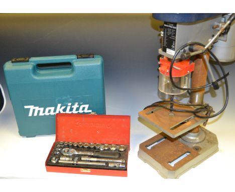 Tools - a five speed free standing pillar drill; a pair of battery powered Makita power drills; Bosch; Black and Decker; quan