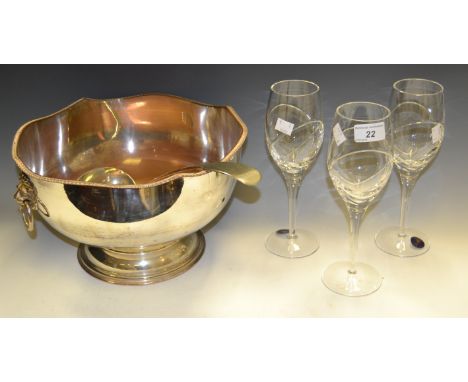 A set of 3 Tutbury crystal wine goblets; an EPNS punch bowl and ladle.