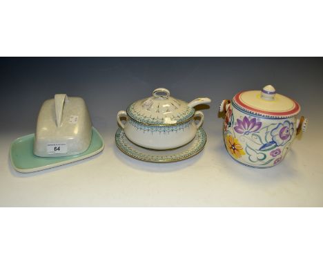 Ceramics - a Poole Pottery biscuit barrel , painted with flowers; butter dish and cover; a T.G Green, Bordeaux pattern potter