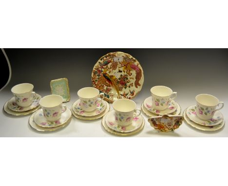 A Queen Anne part tea service, painted with flowers; a Royal Crown Derby pin dish; a Royal Crown Derby Olde Avesbury pattern 