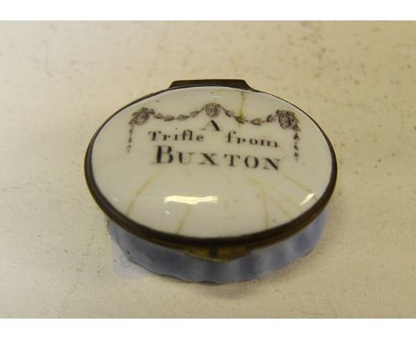 A George III South Staffordshire enamel oval patch box, hinged cover transfer printed A Trifle from Buxton, beneath a neo-cla