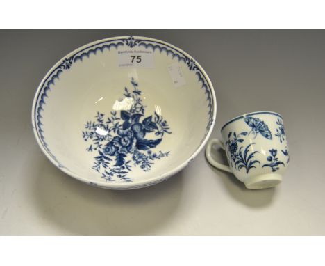 A Worcester blue and white Pine-cone pattern bowl, printed with peony between two pine cones and a pomegranate within scrollw