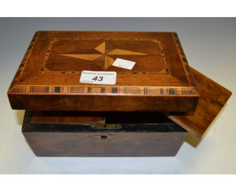 A Victorian marquetry rectangular tea caddy, hinged cover inlaid with four-pointed star, the edges with stringing, fitted wit