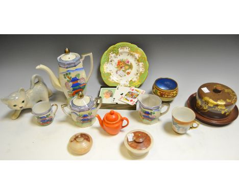 Ceramics - a Japanese part-egg shell tea service; alabaster pots; Cloisonne bowl; lacquered cheese dish; a Ridgeway plate; et