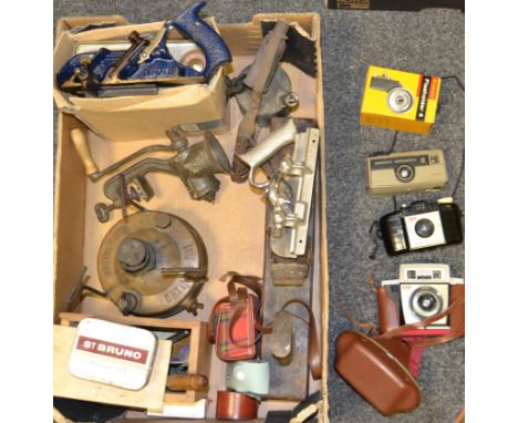 Tools - an early 20th century wood plane; another, smaller; handsaw; torch; cameras, various; etc 
