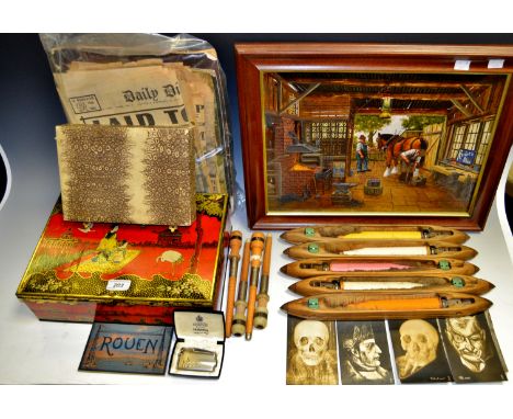 A French Art Deco biscuit tin, applied with a Chinoiserie scene; several weaving loom shuttles; an oil on board, Jim Andrews,