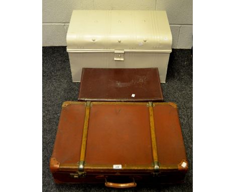 Vintage luggage - a metal travel trunk, a banded leather suitcase, another (3).