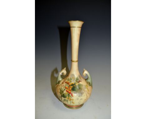 A Royal Worcester two-handled bottle vase, fluted neck, scroll handles, printed and painted with thistles, on a blush ivory g