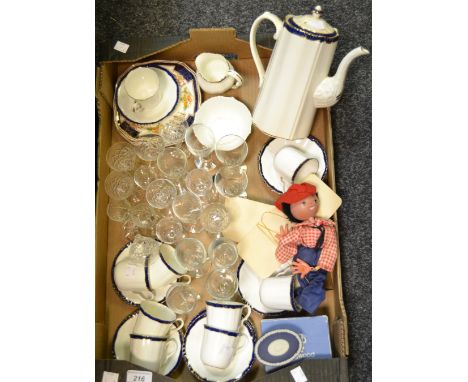 Ceramics and Glass - a Crown Staffordshire part coffee service; a Wedgwood Jasperware trinket pot and cover; sherry glasses; 
