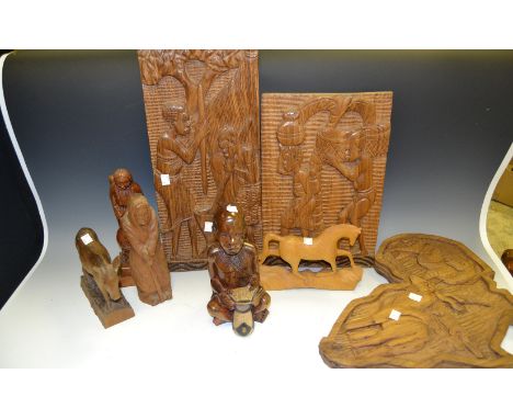 African Art  - carved African plaques , in relief; ceramic Tribal figures; carved Tribal Elder bust; a Zambian pottery plate;