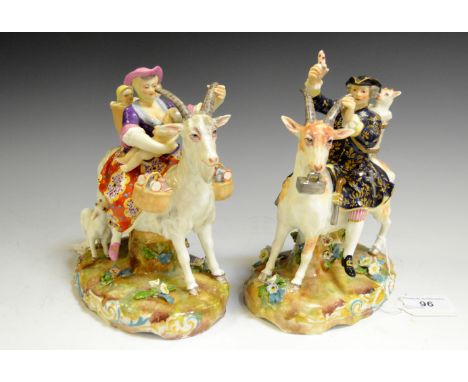 A pair of Continental Derby type model of the Welch Tailor and his Wife, he astride the goat, carrying the tools of his trade
