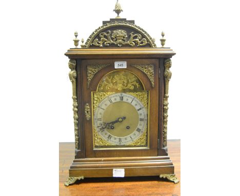 A 19th century mahogany  and gilt metal mounted bracket clock, the 18cm silvered dial with Roman numerals, twin winding holes