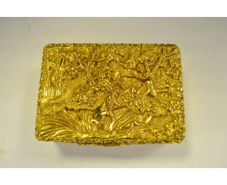 An early Victorian pinchbeck rectangular table snuff box, hinged cover in relief with sportsmen hunting amongst the woods, en