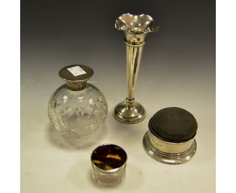 A silver pin cushion , Birmingham 1900; a silver bud vase, Sheffield 1909; a glass rouge pot , silver and tortoiseshell lid, 
