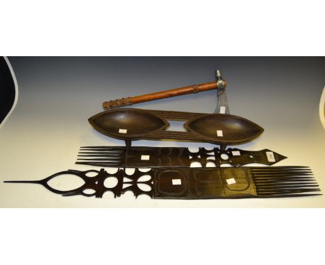 A North American Native Indian tomahawk, late 20th century; a tribal hardwood Chokwe comb; another, similar; etc (4)