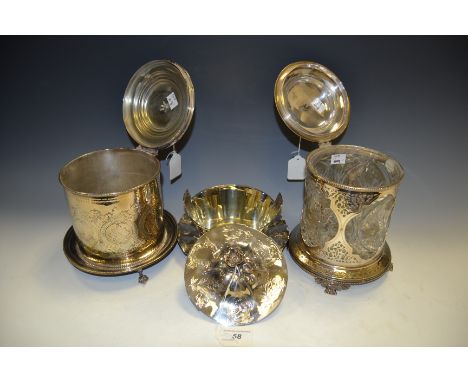 A Victorian E.P.N.S and clear glass cylindrical biscuit box, hinged domed cover with knop finial, pierced and bright-cut engr
