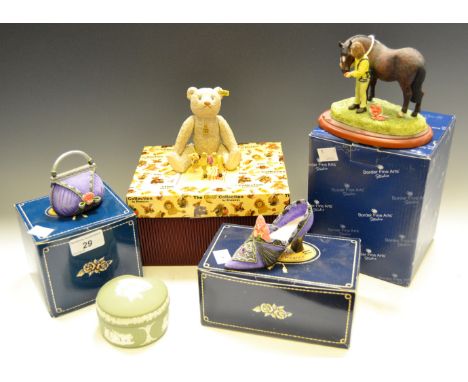 A Border Fine Art model, Hay Days, boxed;  a Steiff ceramic White Bear;  a Willow Hall Age of Elegance purple shoe and handba