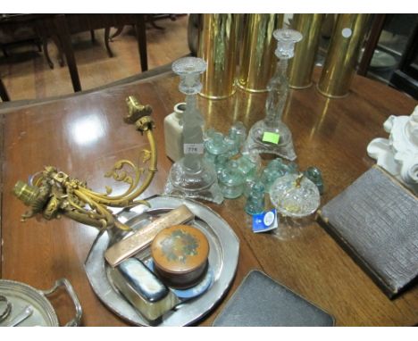 A COLLECTION OF GLASSWARE to include old ink bottles, a pair of figural candlesticks together with a silver plated tray, two 