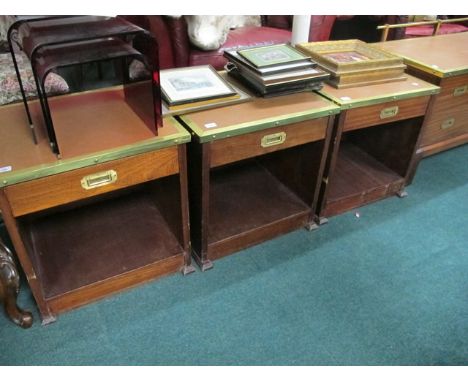 A MAHOGANY AND BRASS BOUND END TABLE of square outline the shaped moulded top with frieze drawer above an open shelf on mould