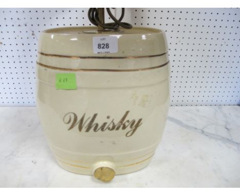 A WHITE GLAZED CHINA WHISKEY BARREL converted to a table lamp 67cm high