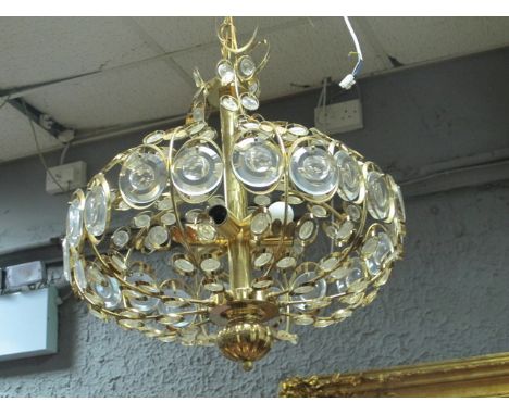 A SCIOLARI BRASS AND GLASS PENDANT LIGHT