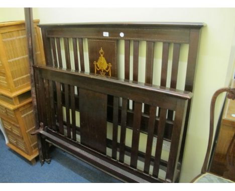 A PAIR OF EDWARDIAN MAHOGANY BED ENDS with slated uprights and inlaid panel 120cm wide