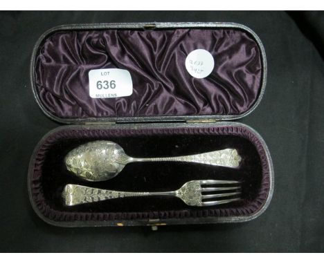 A SILVER ENGRAVED SPOON AND FORK in case "Sheffield"