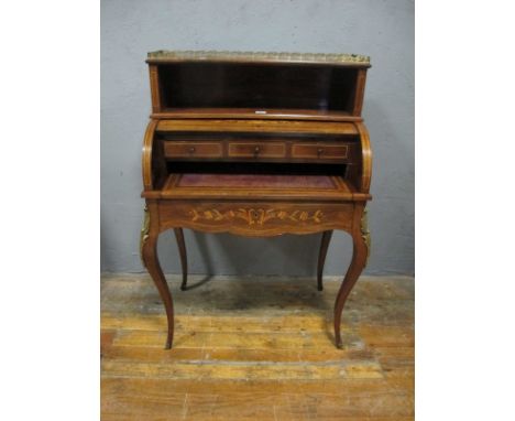 A VERY FINE AND IMPRESSIVE FRENCH ROSEWOOD AND PARQUETRY CYLINDER DESK 19th Century the super structure with pierced brass ga