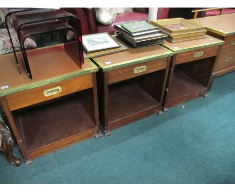 A MAHOGANY AND BRASS BOUND END TABLE of square outline the shaped moulded top with frieze drawer above an open shelf on mould