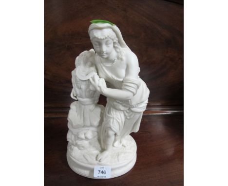 A BISQUE FIGURE modelled as a female shown standing holding a sickle and a sheaf of wheat raised on an oval base 34cm high