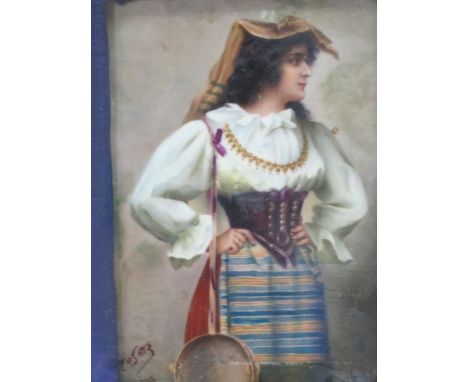 SPANISH SCHOOL 
Portrait of a Female in Traditional Dress Holding a Tambourine
Indistinctly Signed Lower Left